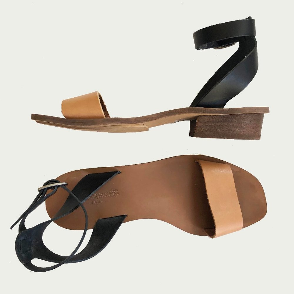 Madewell Two-Tone Tan and Black Leather Ankle Strap Sandals